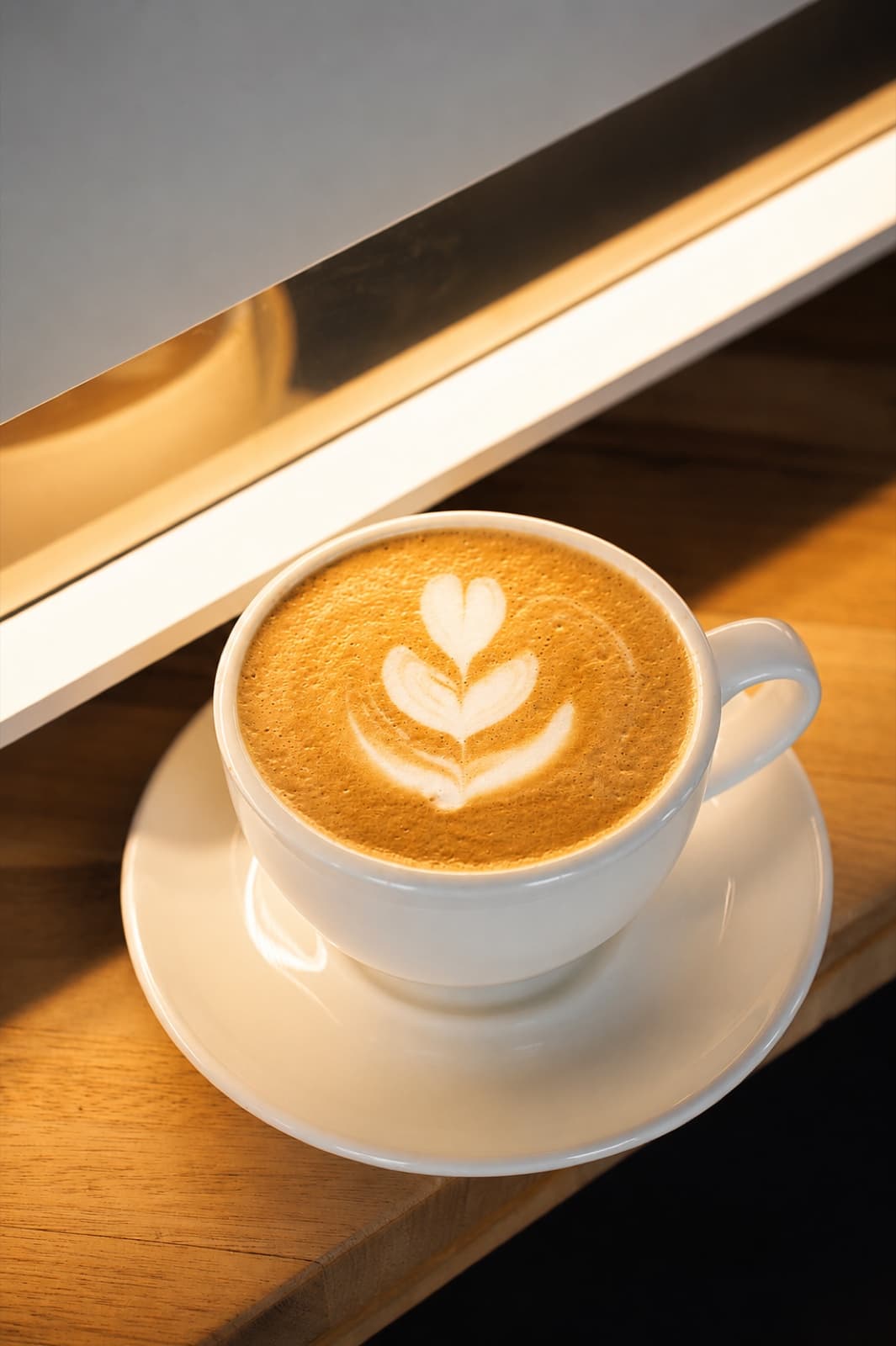 Cappuccino with tulip latte art in morning light at Thanks to Harrison
